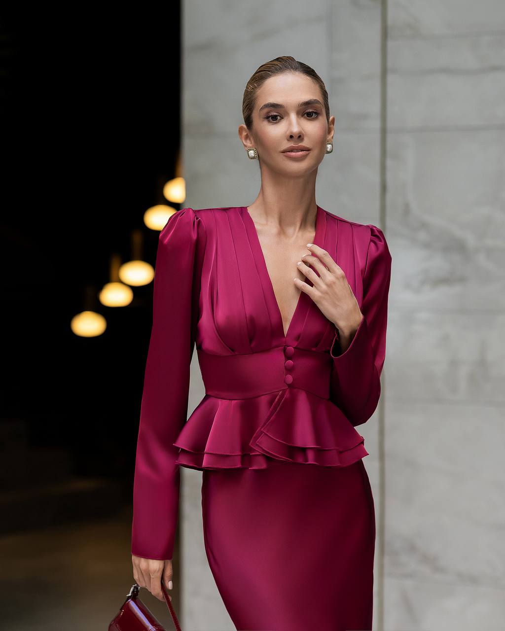 Women's Silk Skirt Suit Set| Peplum Blouse with Midi Skirt