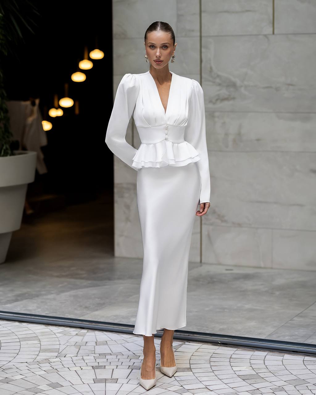 Women Silk Skirt Set| Long Sleeve Peplum Blouse with Midi Skirt