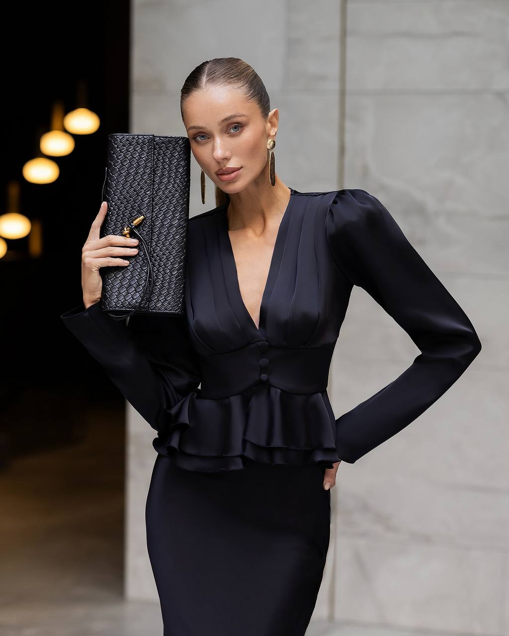 Women Silk Skirt Set| Long Sleeve Peplum Blouse with Midi Skirt