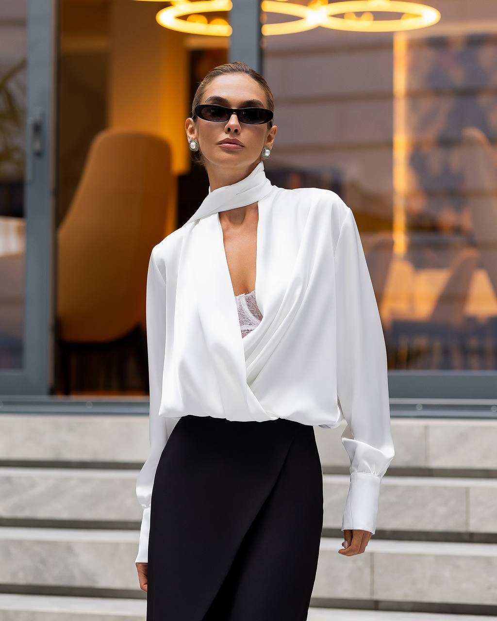 Women’s Silk Satin Wrap Blouse with Long Scarf Neck