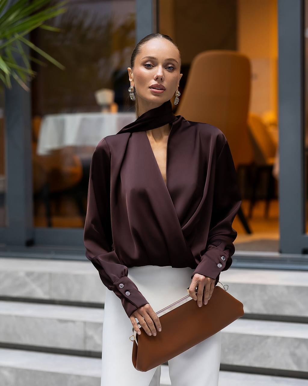 Women’s Silk Satin Wrap Blouse with Long Scarf Neck