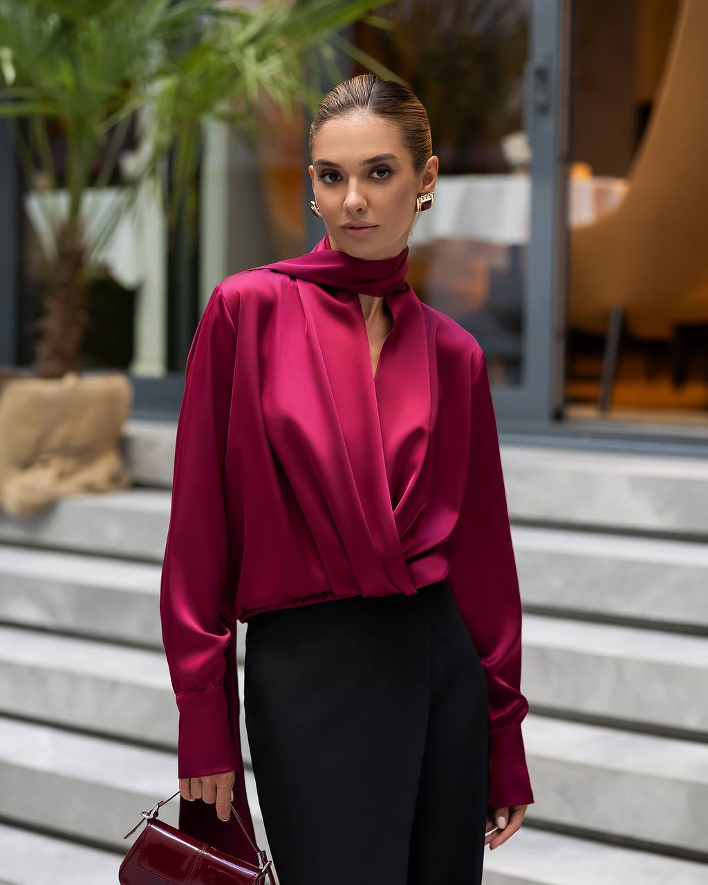 Women’s Silk Satin Wrap Blouse with Long Scarf Neck