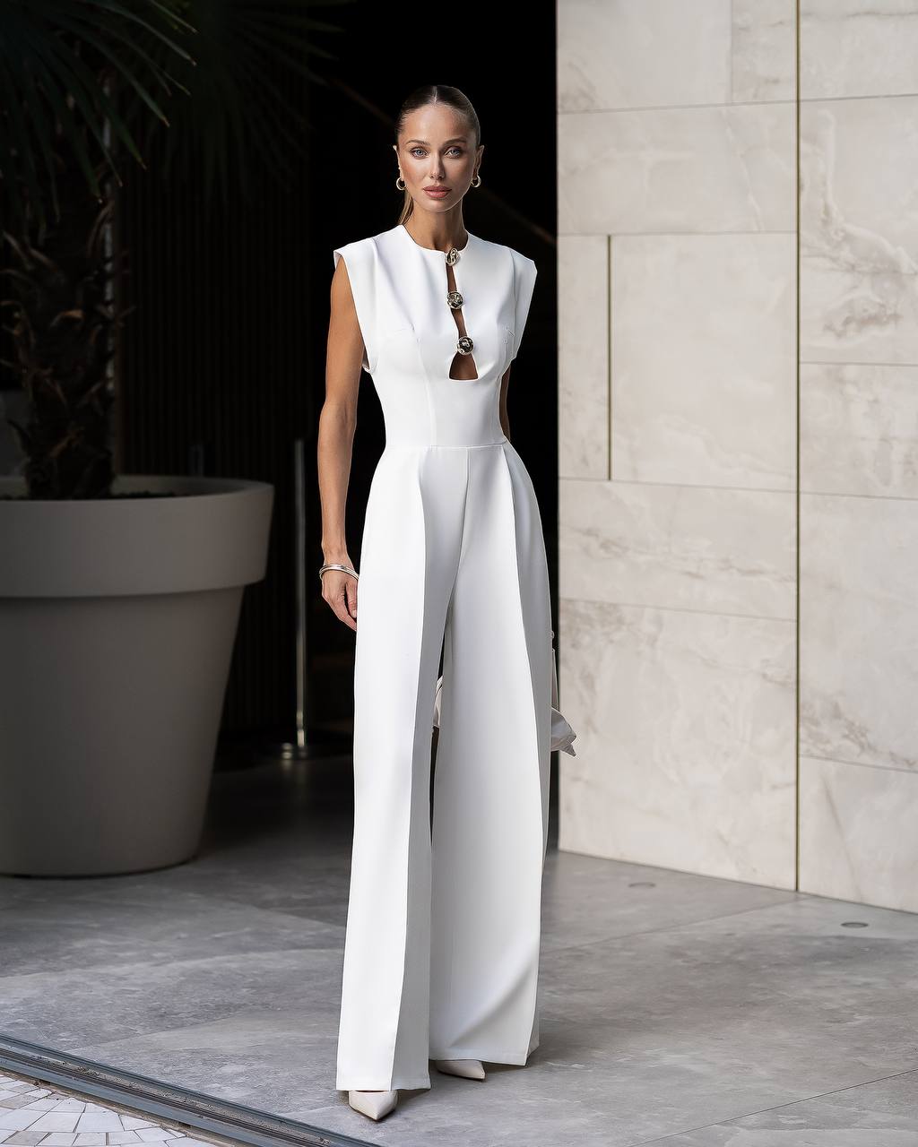 Bridal White Sleeveless Jumpsuit with Wide Leg Pants