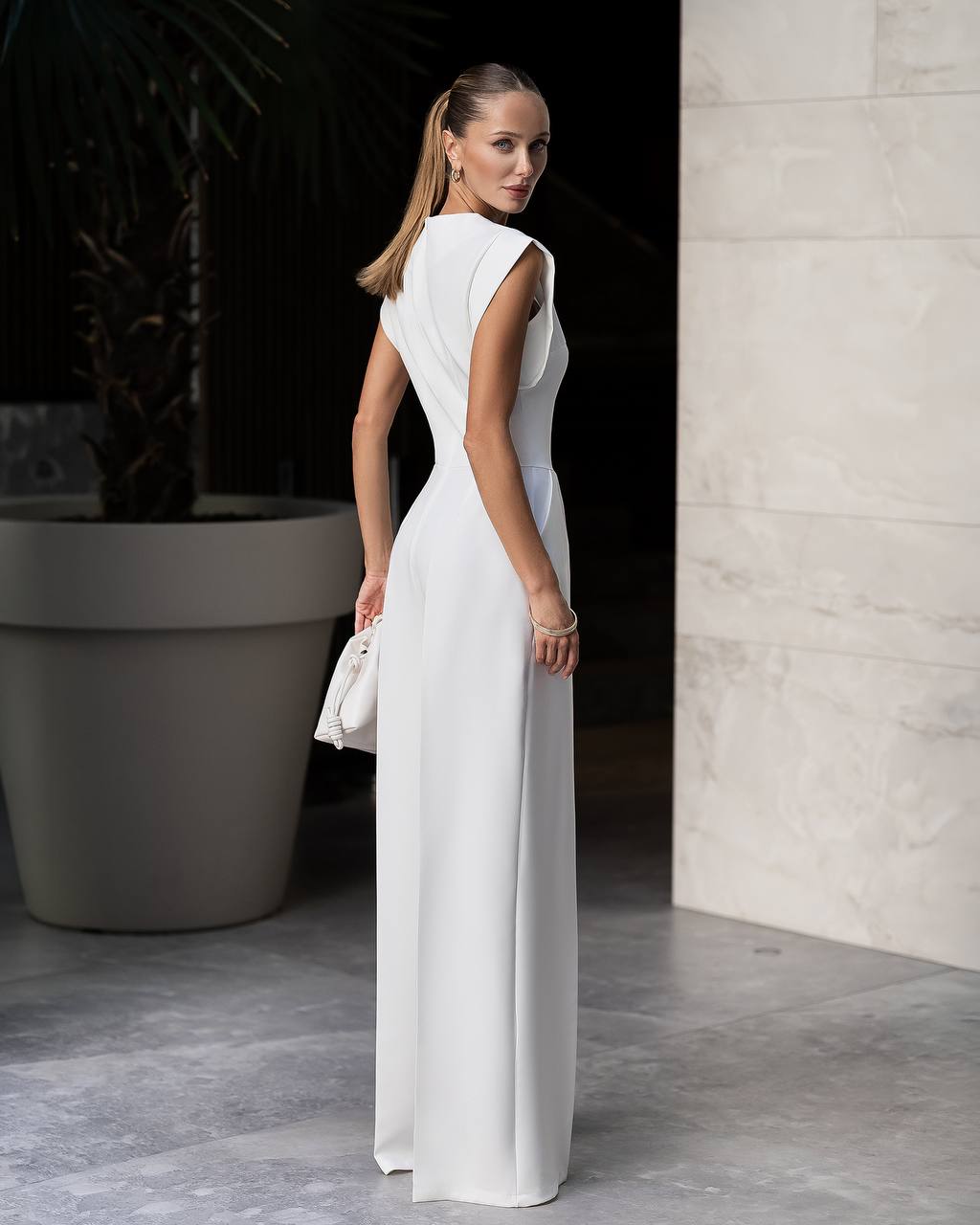 Bridal White Sleeveless Jumpsuit with Wide Leg Pants
