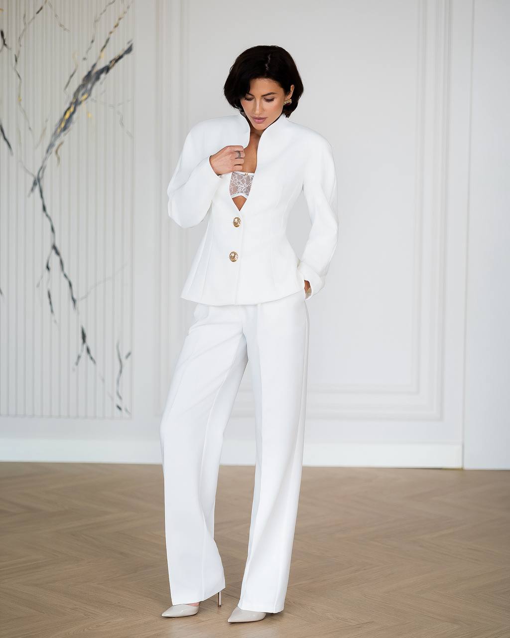 Women’s Two Piece Pantsuit | Double Breasted Blazer with Wide-Leg Pants