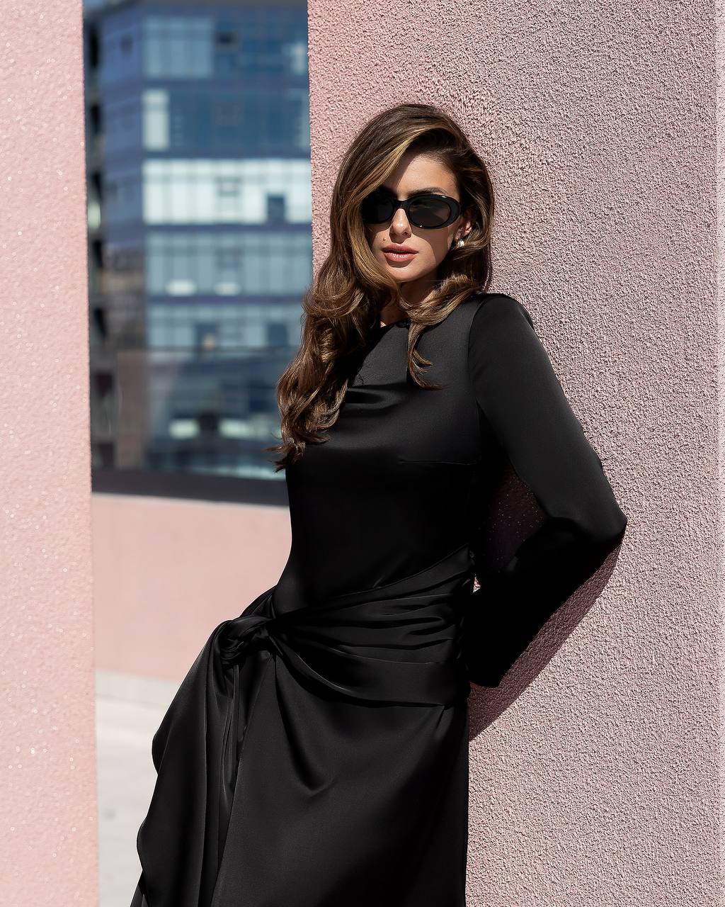Silk Long Sleeve Maxi Dress with Detachable Draped Waist Sash