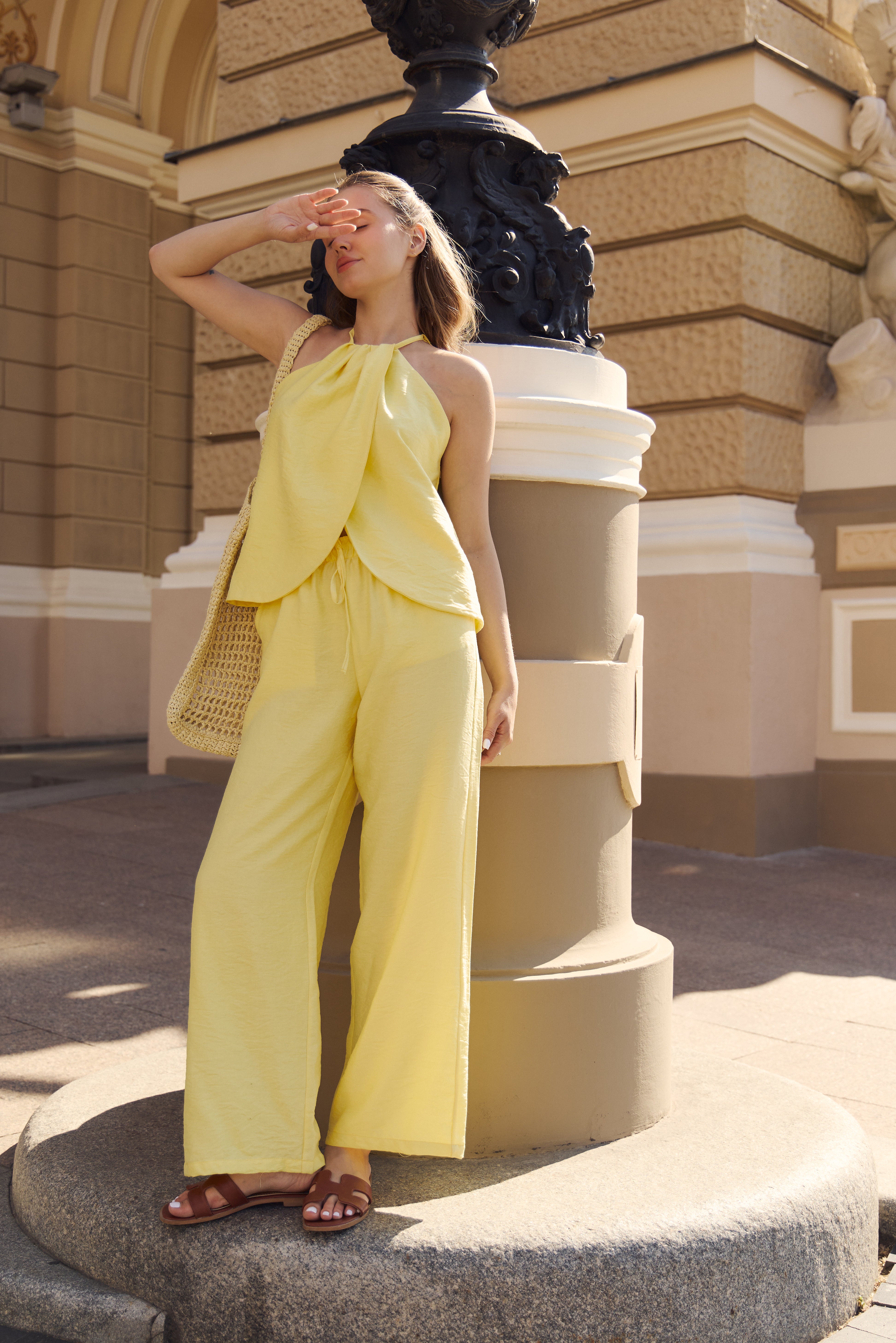 Women Linen Two Piece Suit with Wide Leg and Halter Top
