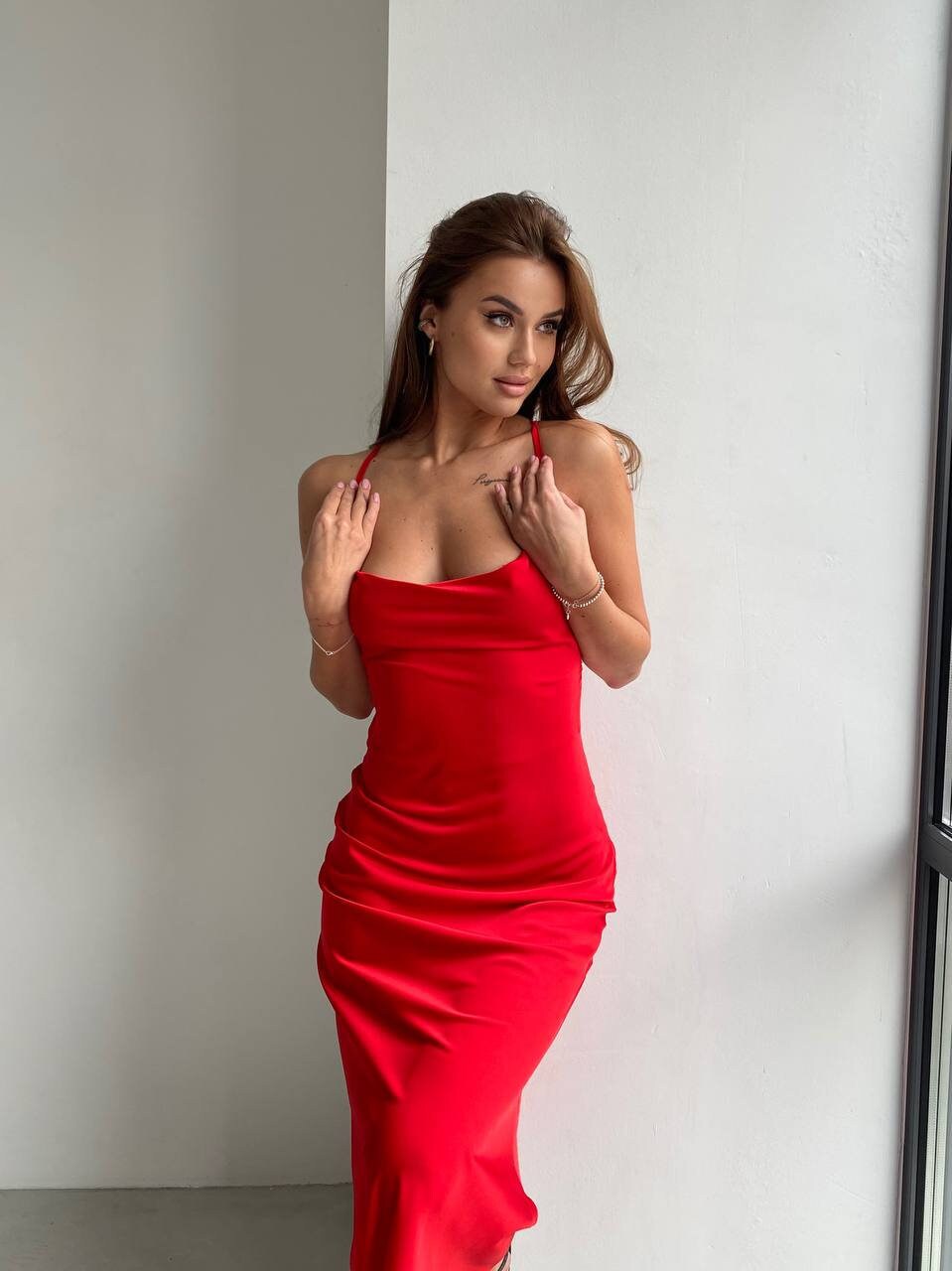 Red Backless Silk  Slip Dress