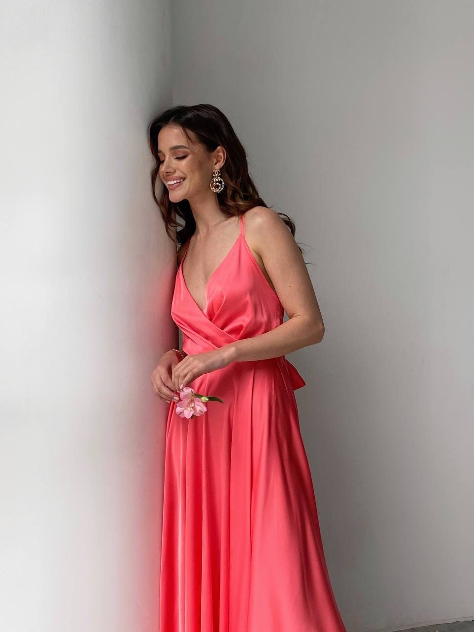 Coral Sundress Silk Midi Dress