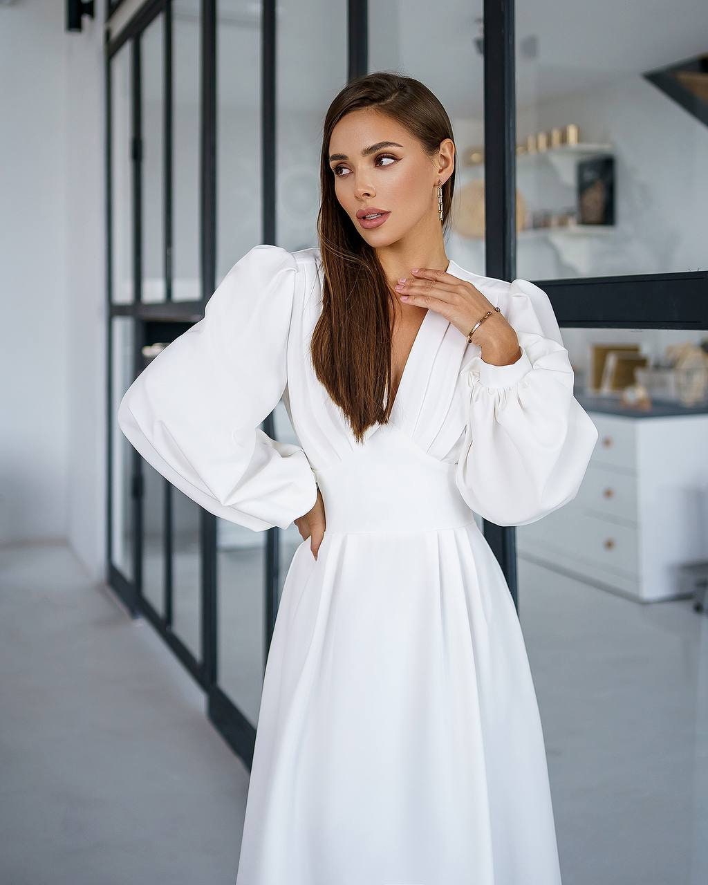 White Midi Dress with Puffed Sleeves