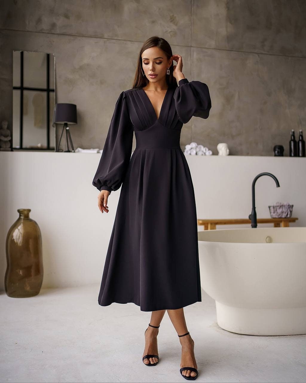 Black A-Line Dress with Puff Long Sleeve