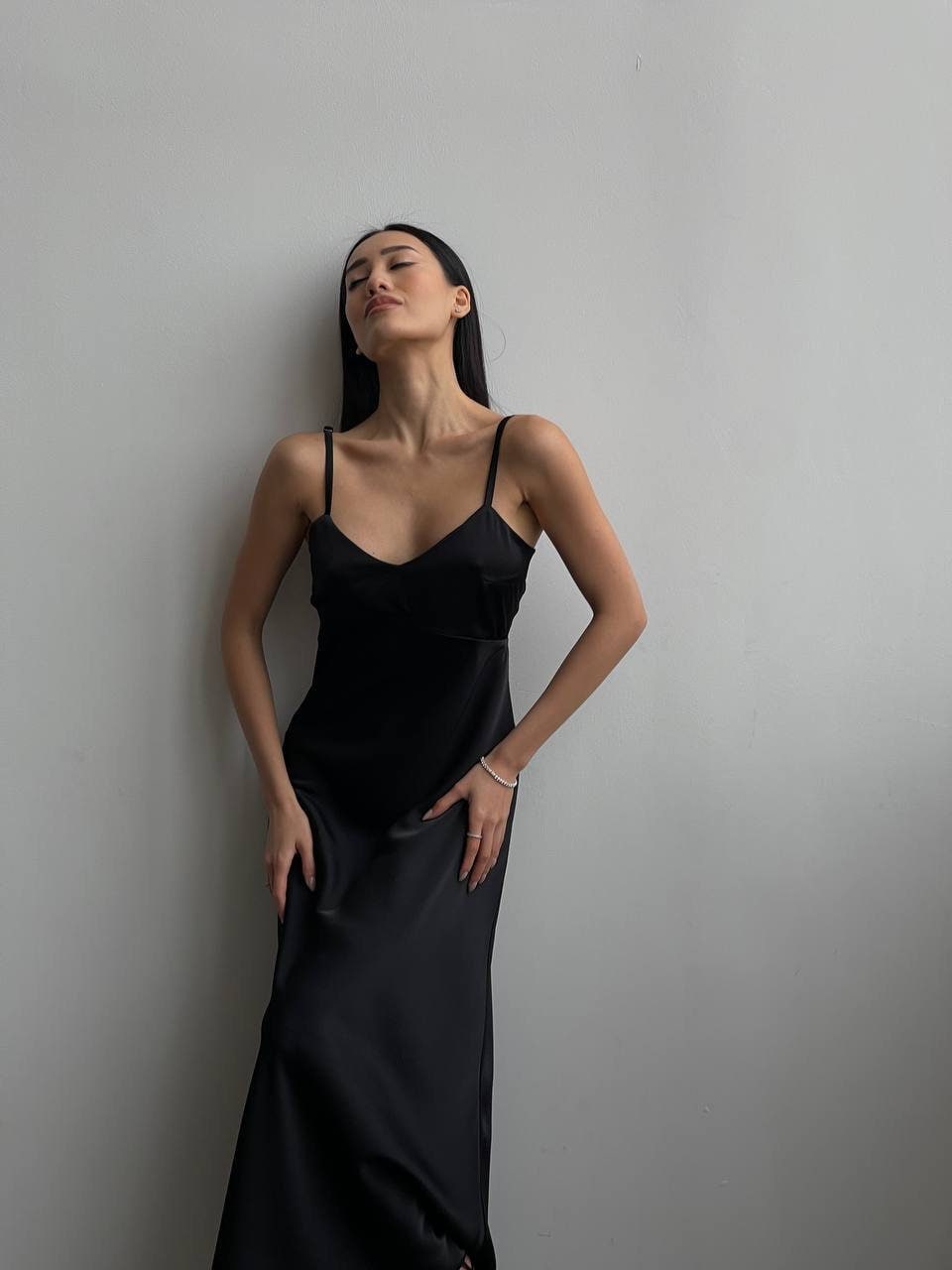 Black Silk Slip Midi Dress