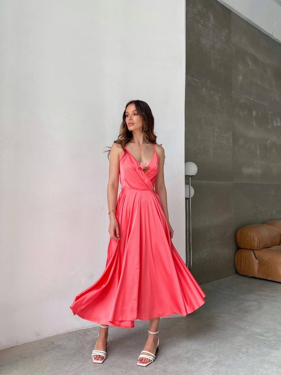 Coral Sundress Silk Midi Dress