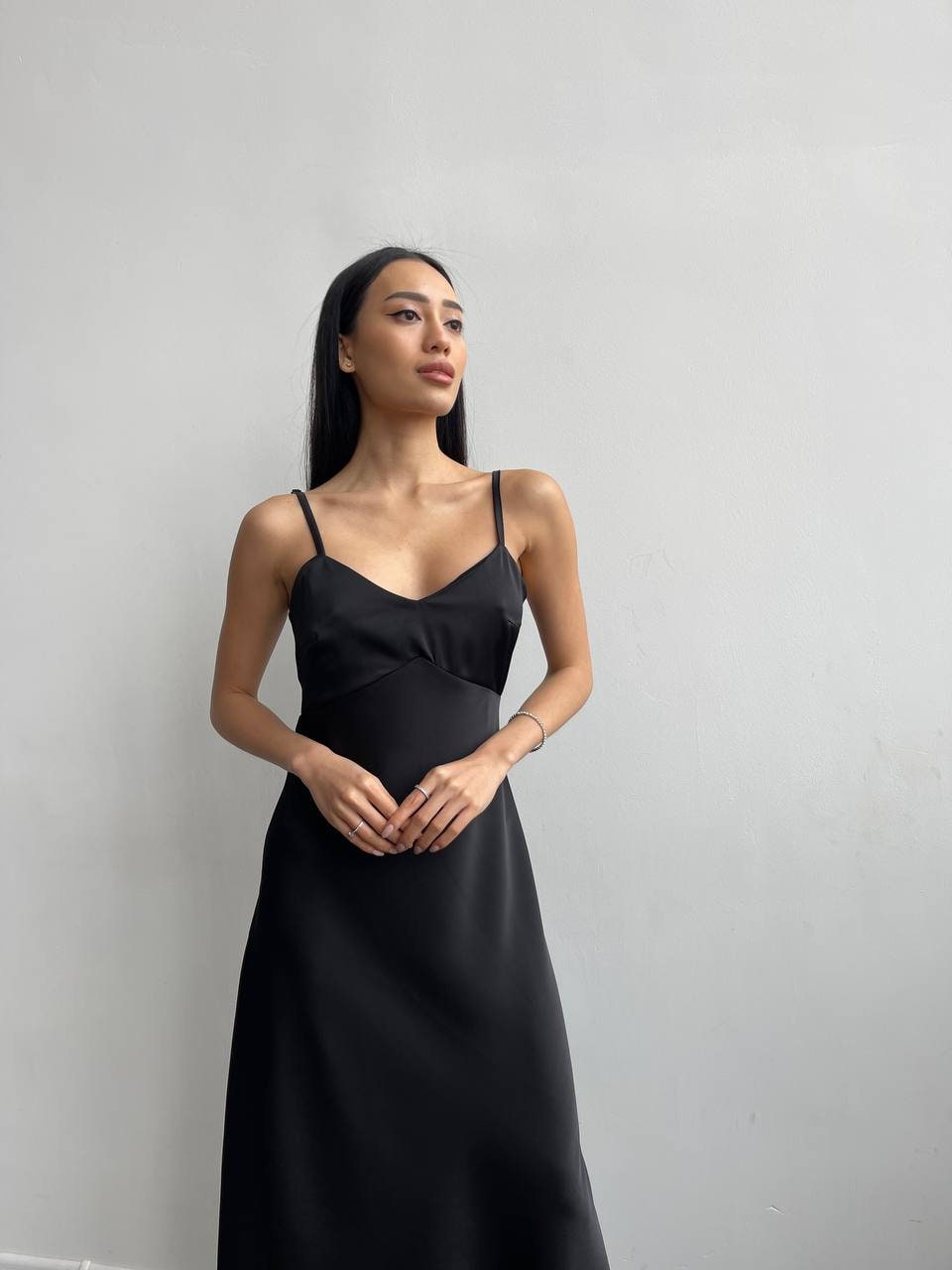 Black Silk Slip Midi Dress