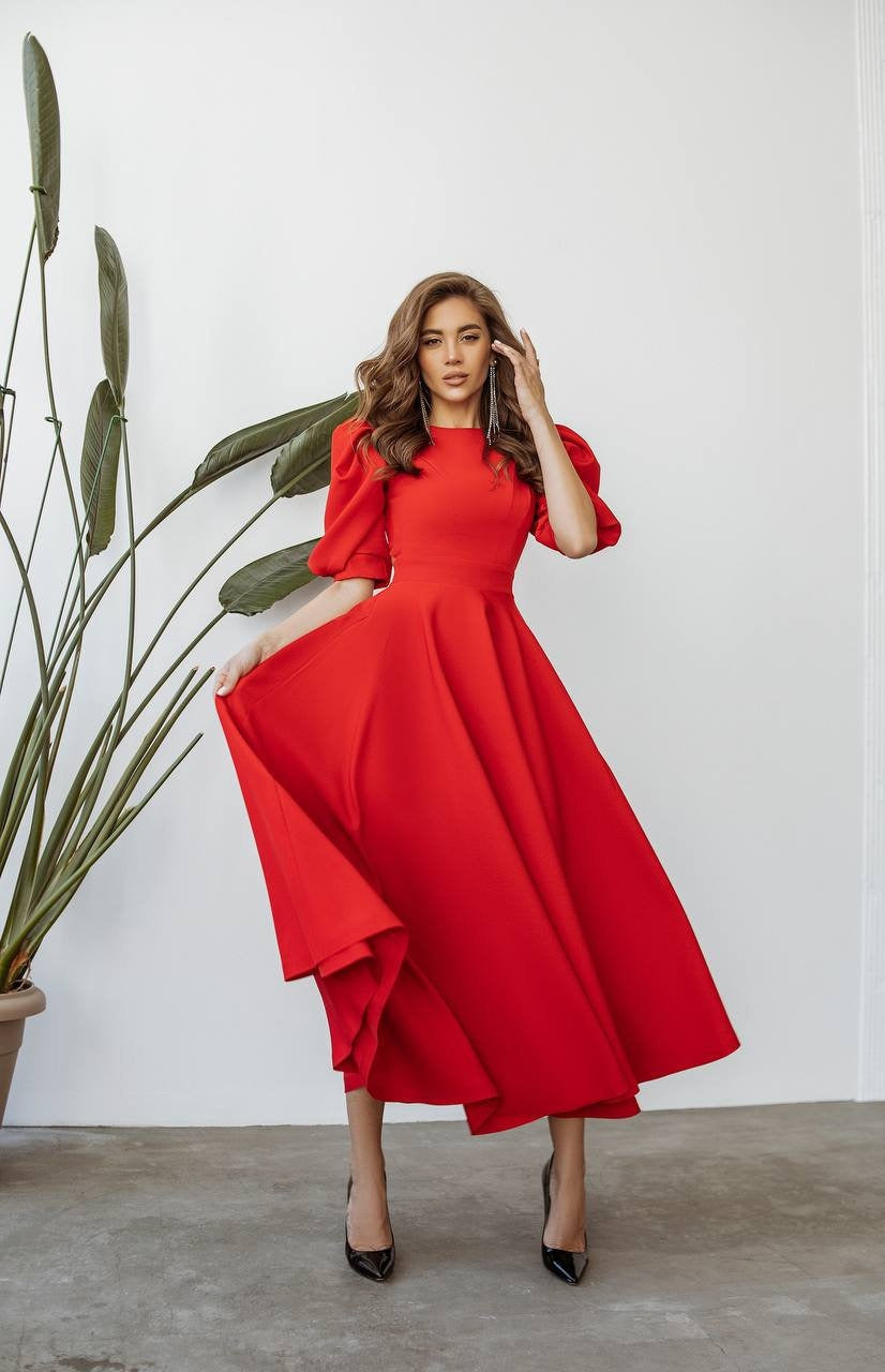 Red Maxi Backless Dress with Puff Sleeves