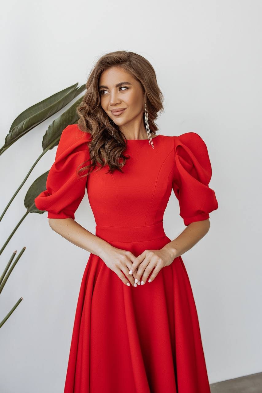 Red Maxi Backless Dress with Puff Sleeves