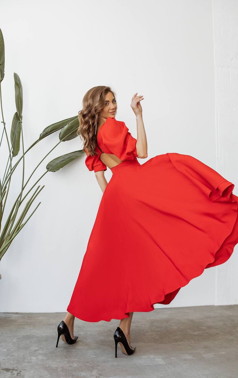 Red Maxi Backless Dress with Puff Sleeves