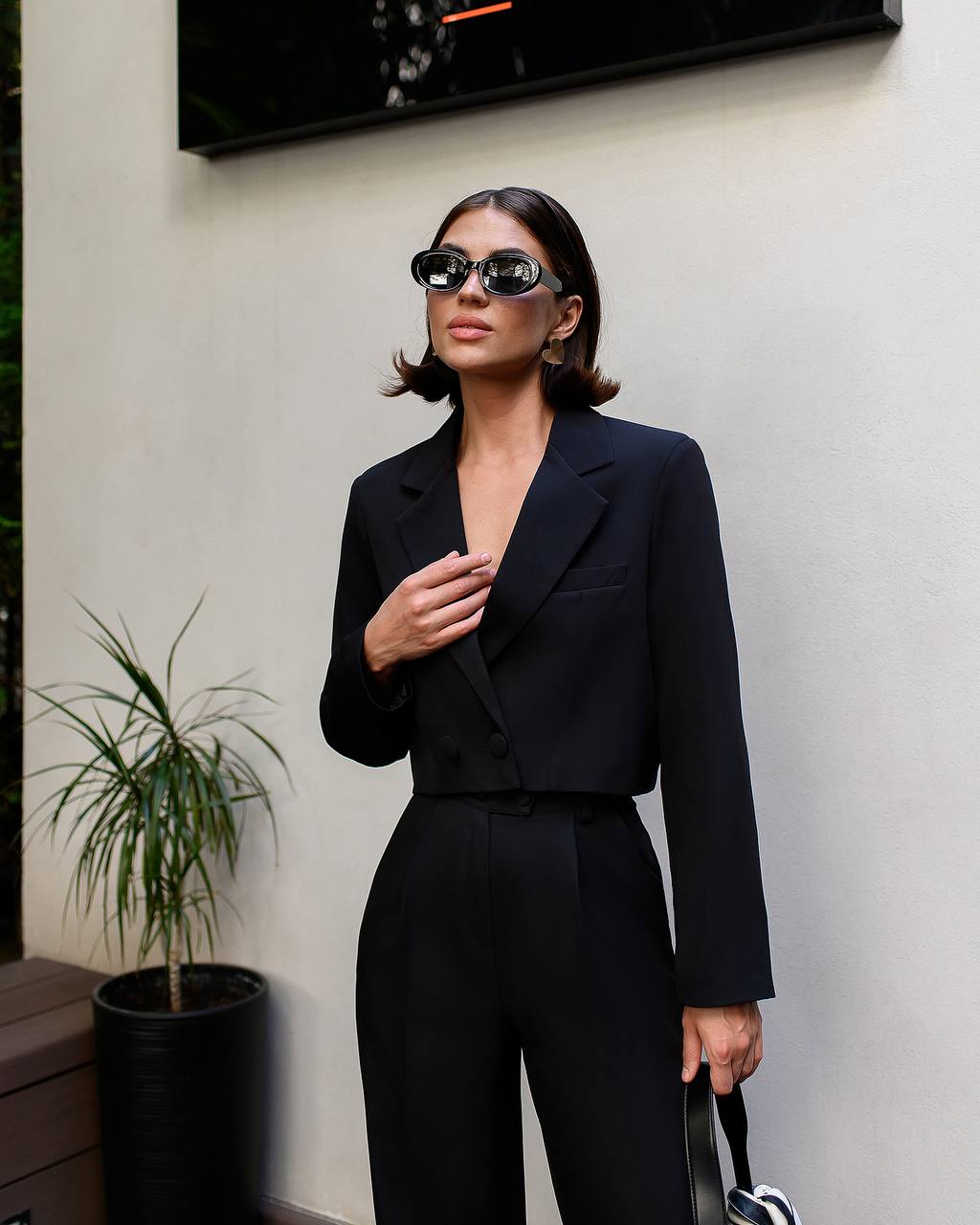 Cropped Single Breasted Blazer+ Wide Leg Slit Pants