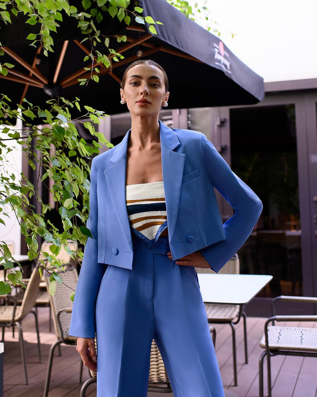 Cropped Single Breasted Blazer+ Wide Leg Slit Pants