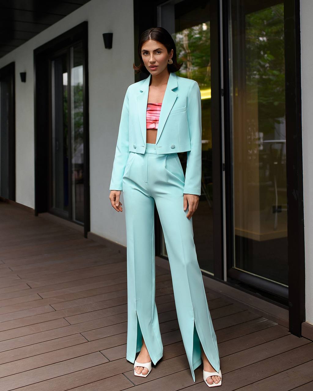 Cropped Single Breasted Blazer+ Wide Leg Slit Pants