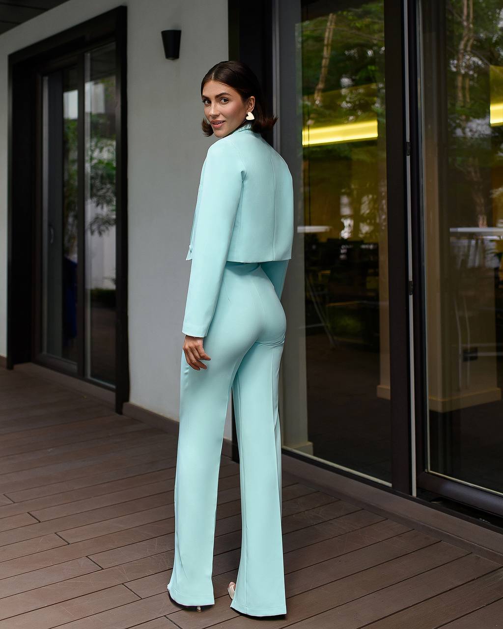 Cropped Single Breasted Blazer+ Wide Leg Slit Pants