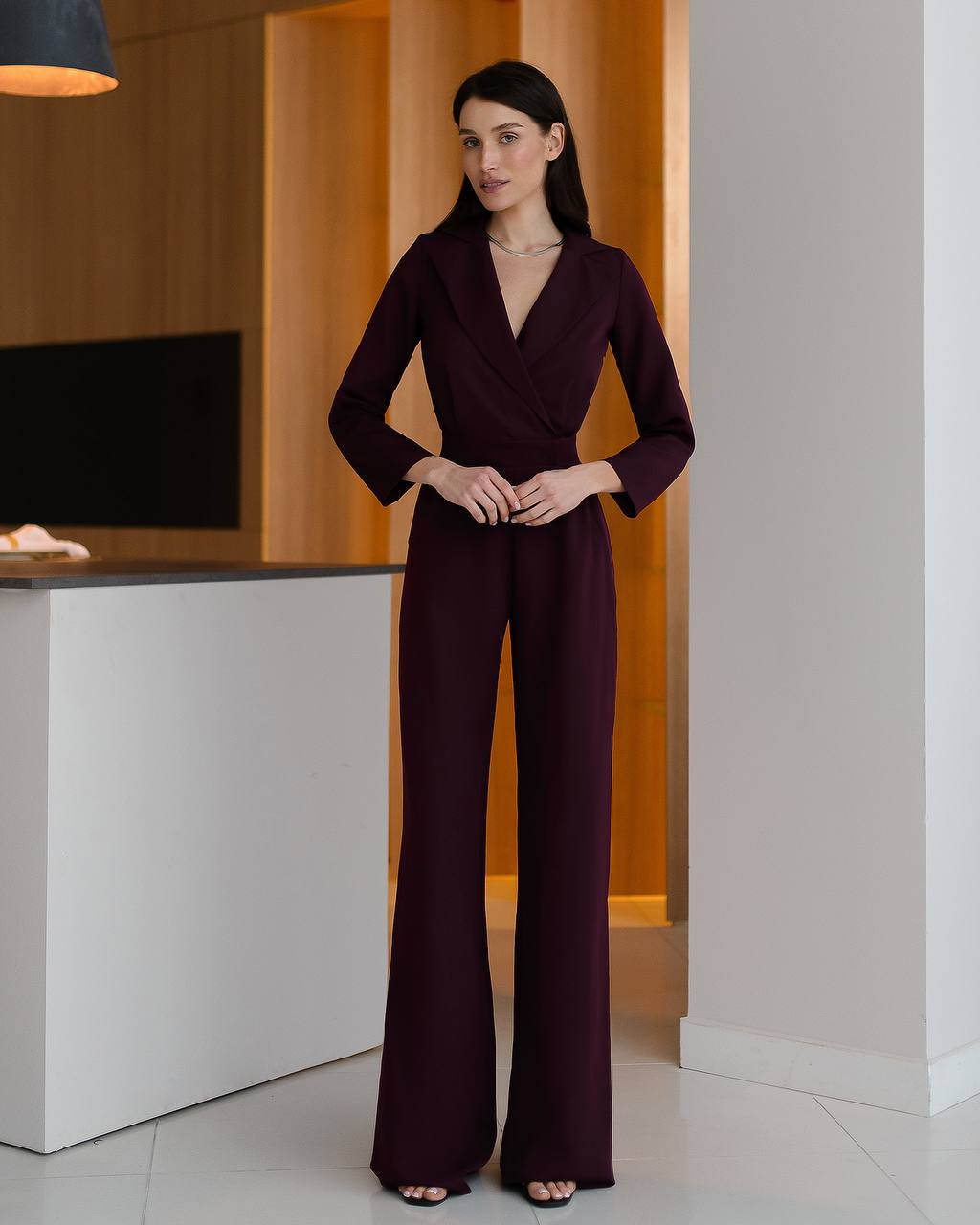 V-Neck Long Sleeve Wide Leg Jumpsuit