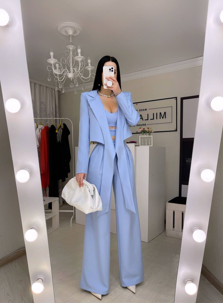 Blue Three Piece Wide Leg Suit