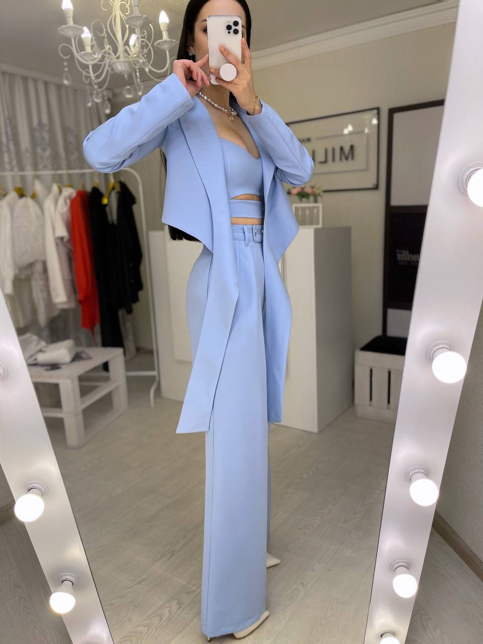 Blue Three Piece Wide Leg Suit