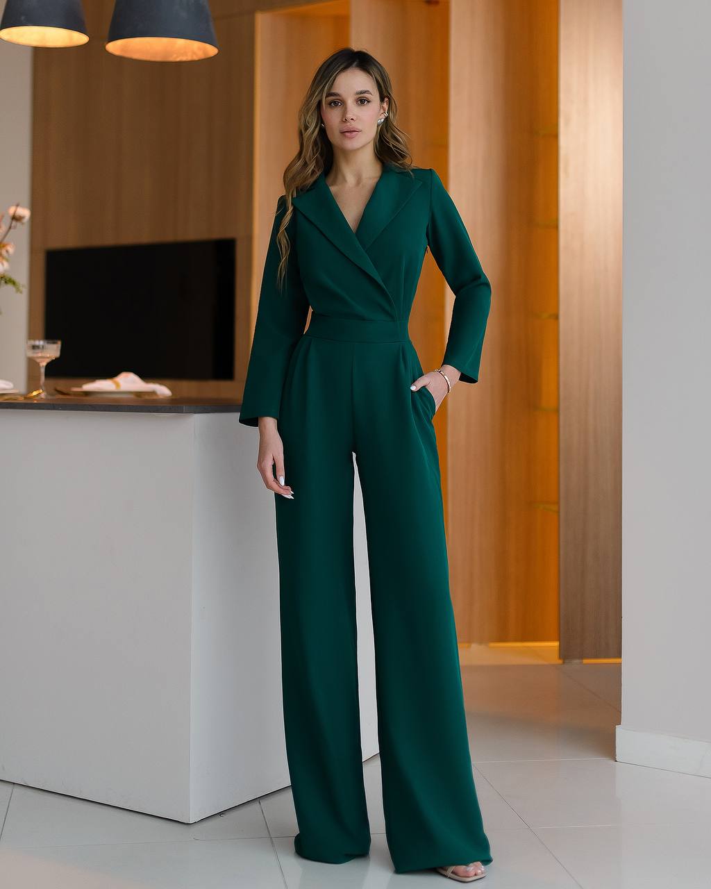 V-Neck Long Sleeve Wide Leg Jumpsuit