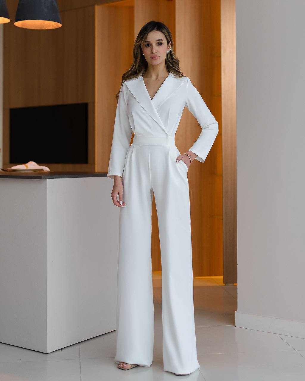 V-Neck Long Sleeve Wide Leg Jumpsuit