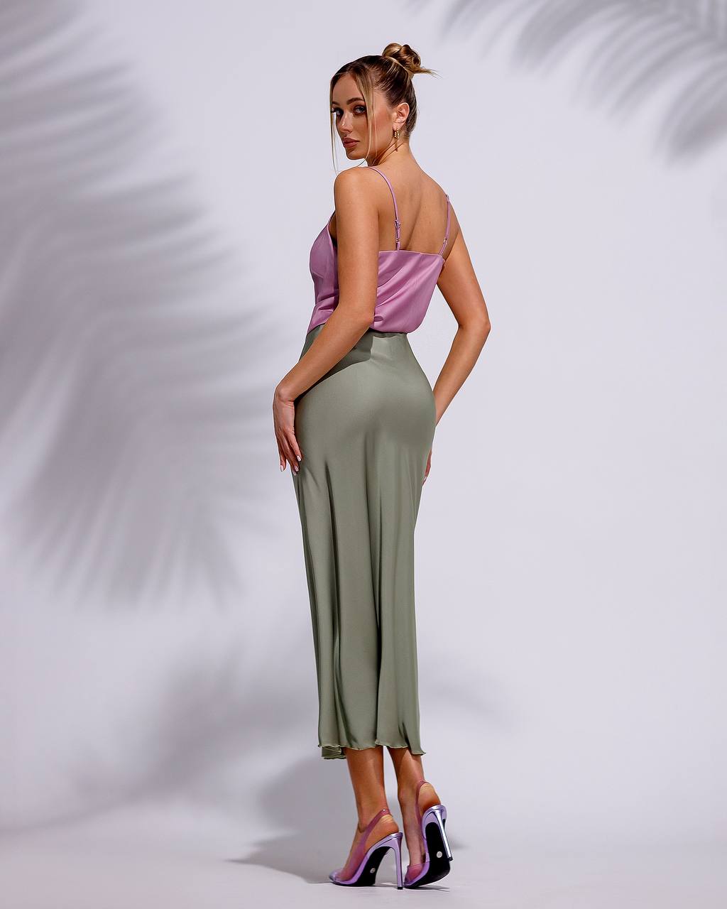 Olive a-line midi silk skirt