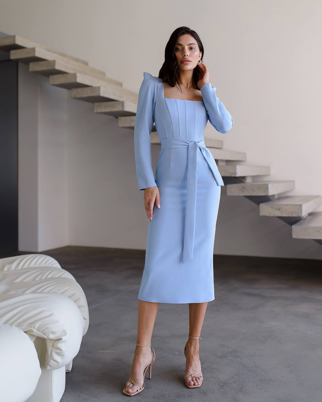 Long Sleeve Blue Midi Dress