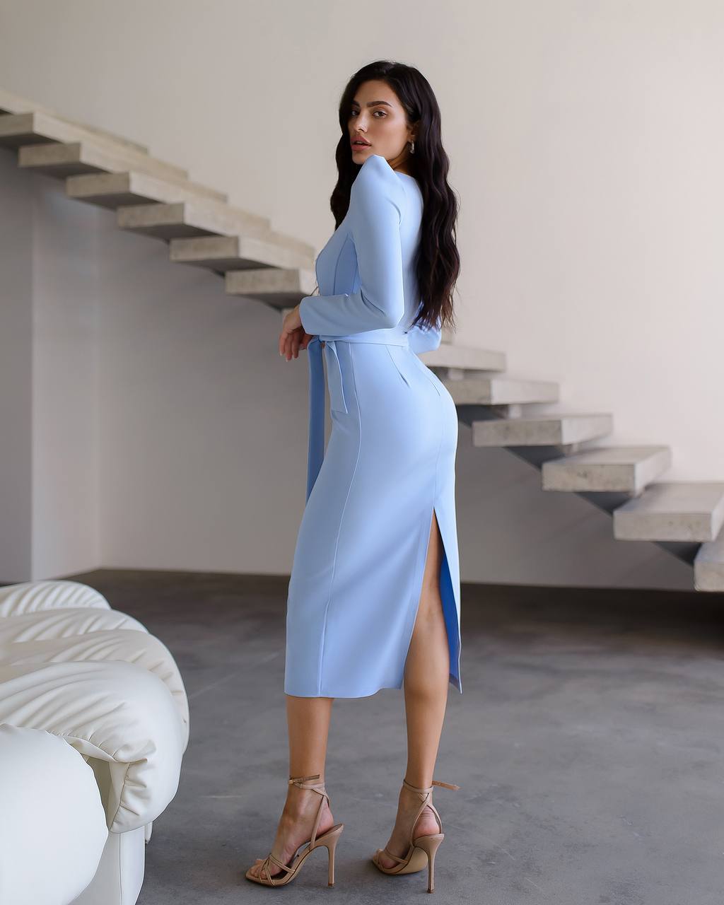 Long Sleeve Blue Midi Dress