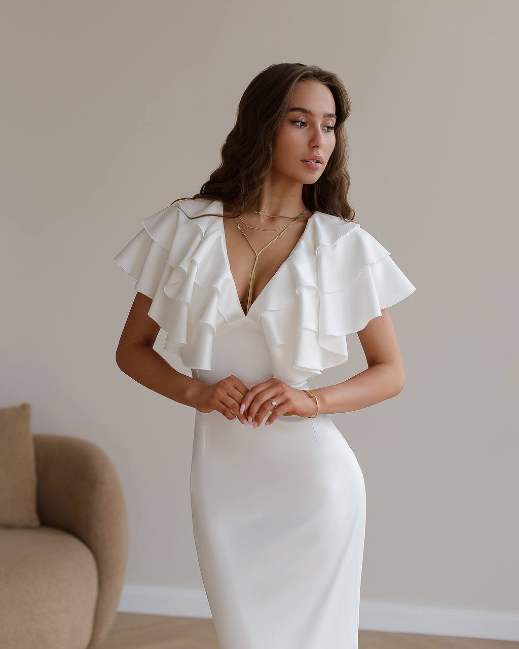 White Midi Dress with Ruffles