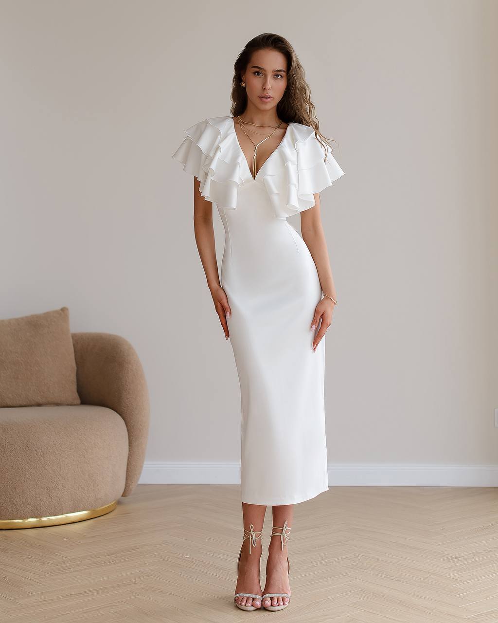 White Midi Dress with Ruffles White / Xs White Midi Dress with Ruffles White / Xs