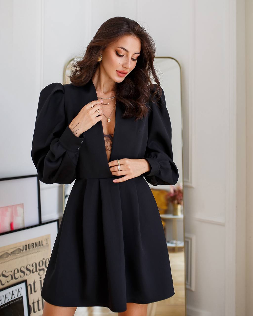 Black Mini  Dress with Puff Sleeve