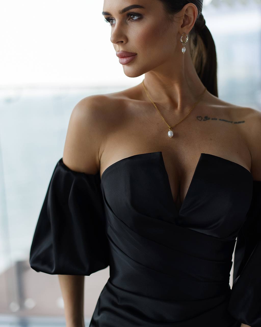 Black Corset Midi Dress with Puff Sleeves