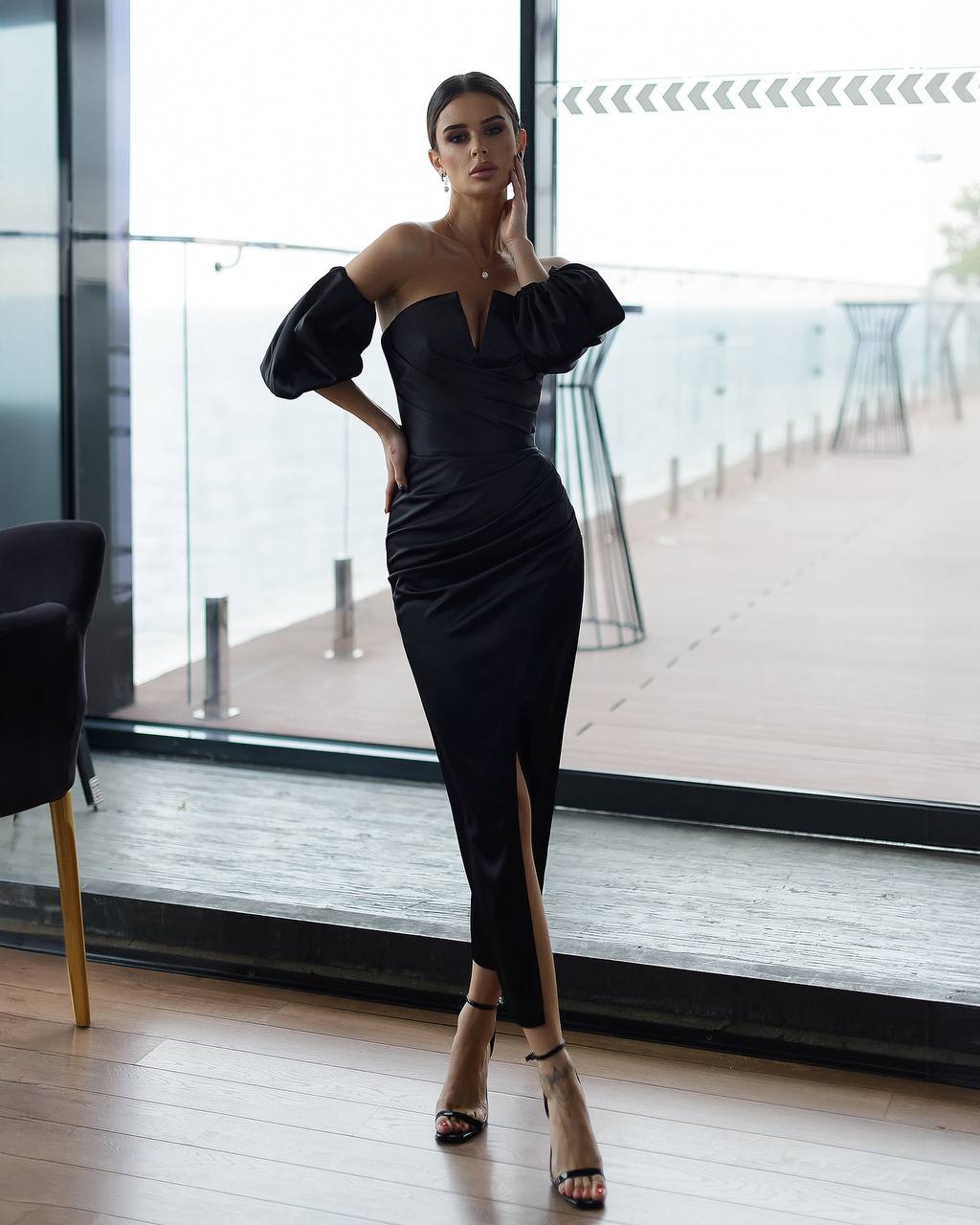 Black Corset Midi Dress with Puff Sleeves