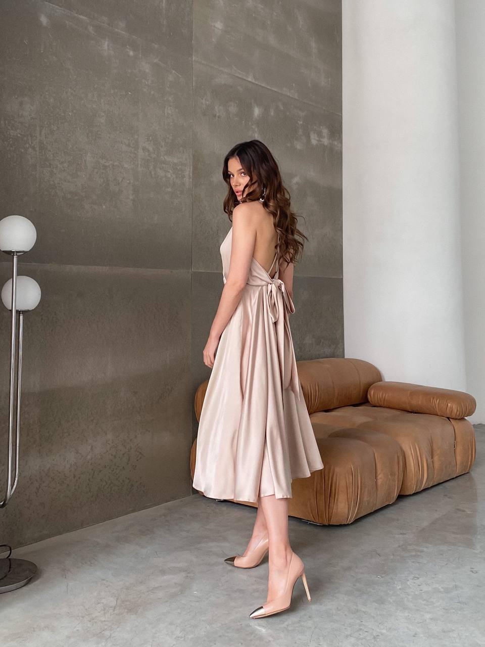 Beige Open Back Midi Dress