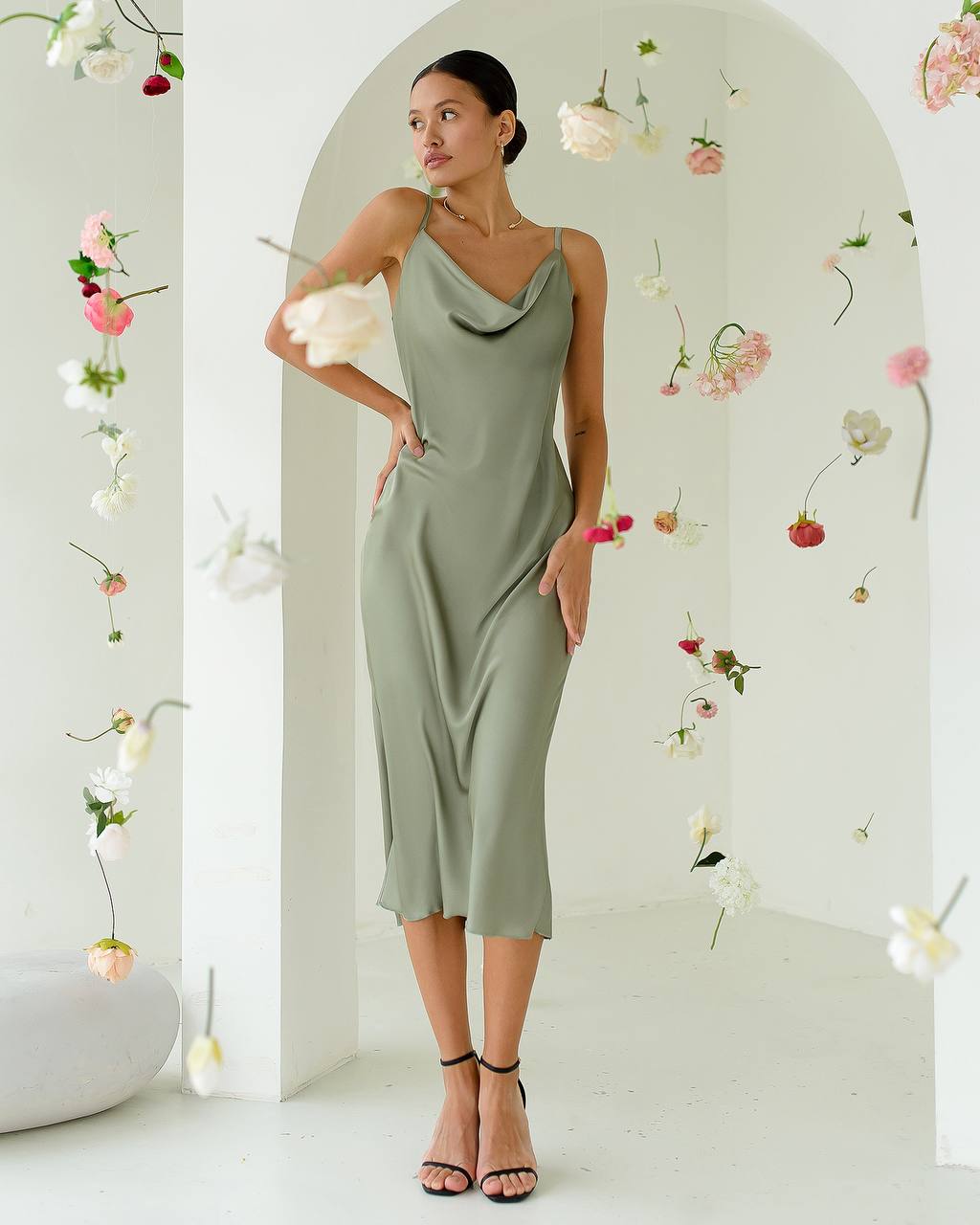 Midi Slip Dress with Cowl Neckline