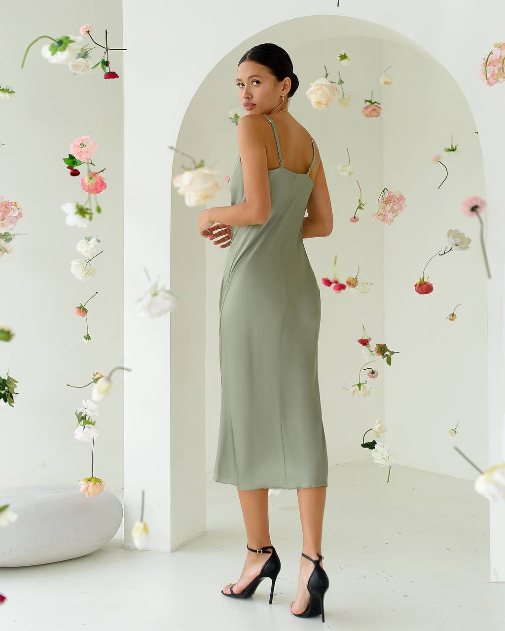 Midi Slip Dress with Cowl Neckline