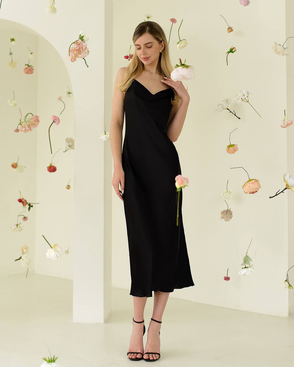 Midi Slip Dress with Cowl Neckline