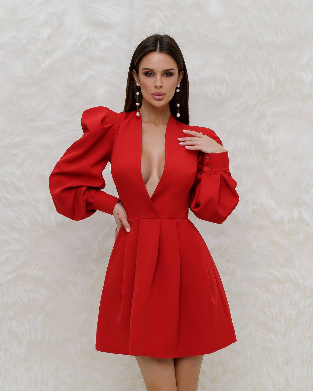 Red Deep V-Neck Dress with Puff Sleeves