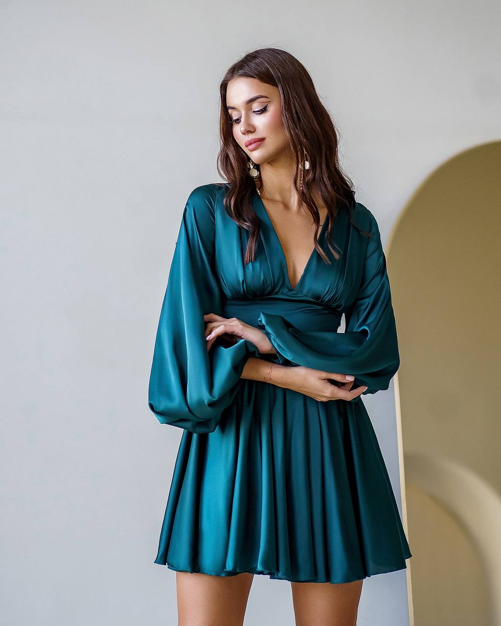 Emerald Silk Mini Dress with Long Sleeve