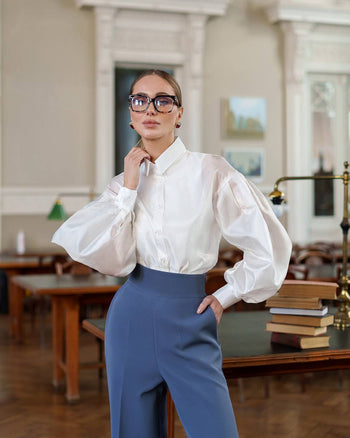 Elegant Puff Sleeve Blouse with Cuff White / L