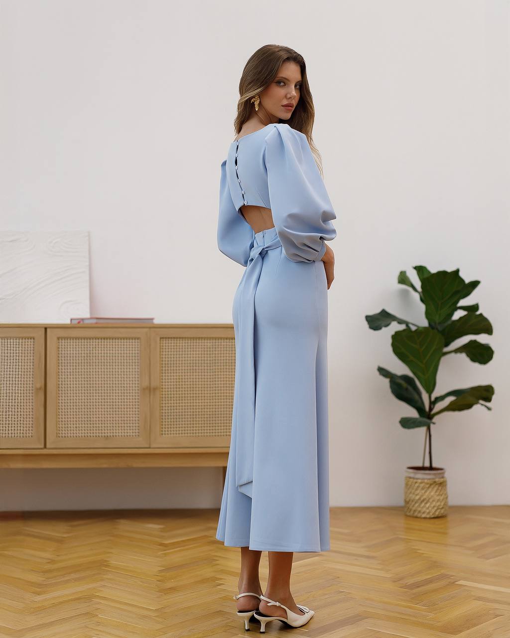 Elegant Backless Midi Dress with Long Puff Sleeves Blue / L Elegant Backless Midi Dress with Long Puff Sleeves Blue / L