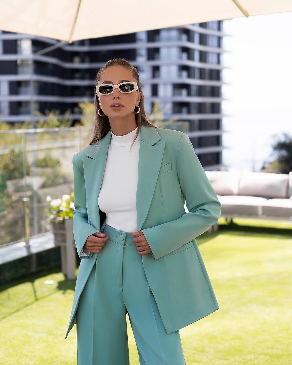 Olive Relaxed Fit Blazer + Wide Leg Pants
