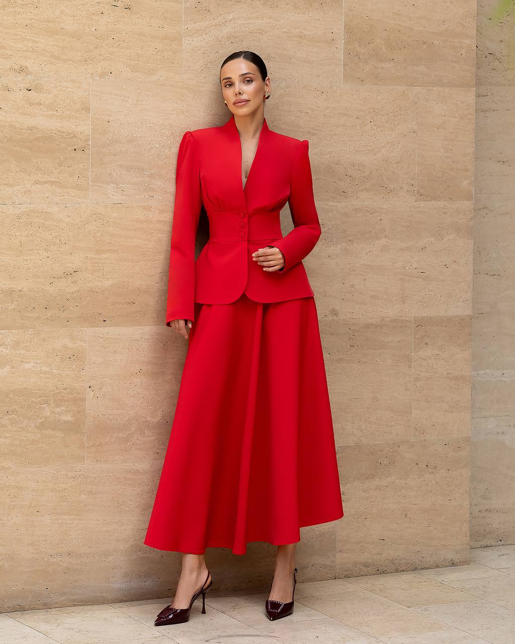 Red Elegant Skirt Suit | Fitted Blazer with Flowing Skirt