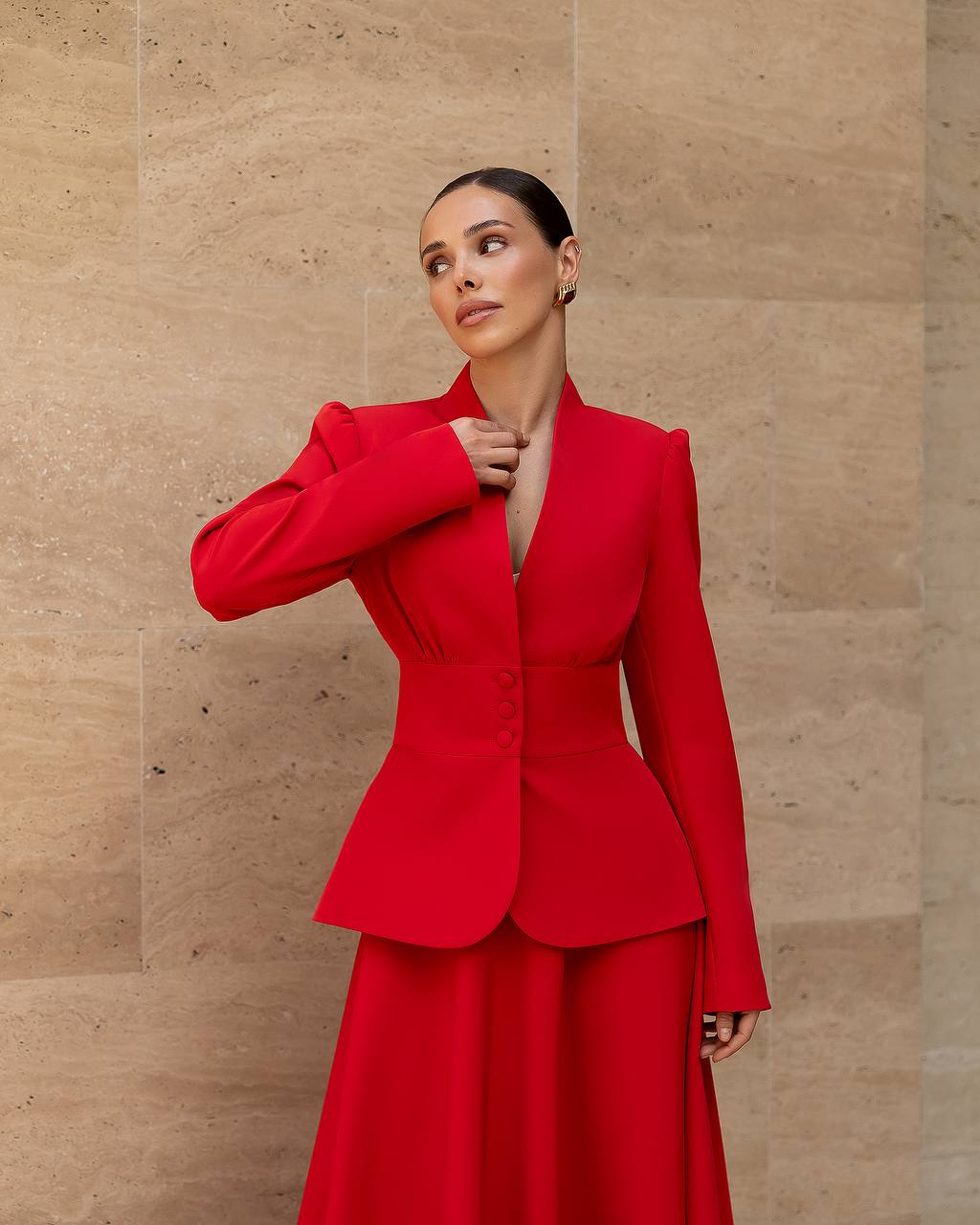 Red Elegant Skirt Suit | Fitted Blazer with Flowing Skirt