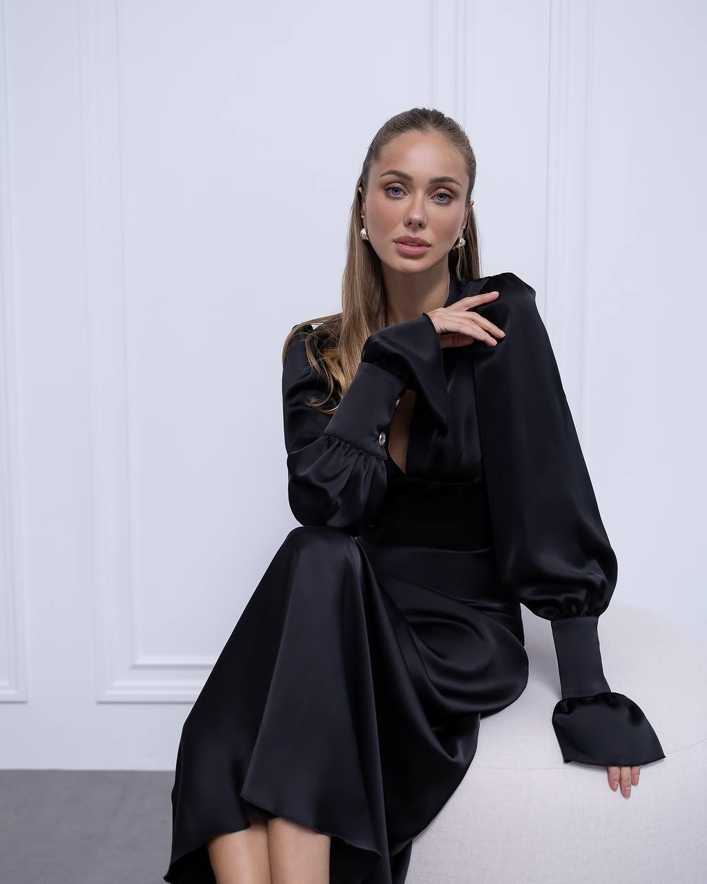 Evening Black Maxi Satin Dress with Long Sleeve